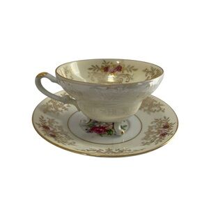 Vintage Footed Tea Cup Saucer Del Mar Hand Painted Floral Design 24K Gold Trim